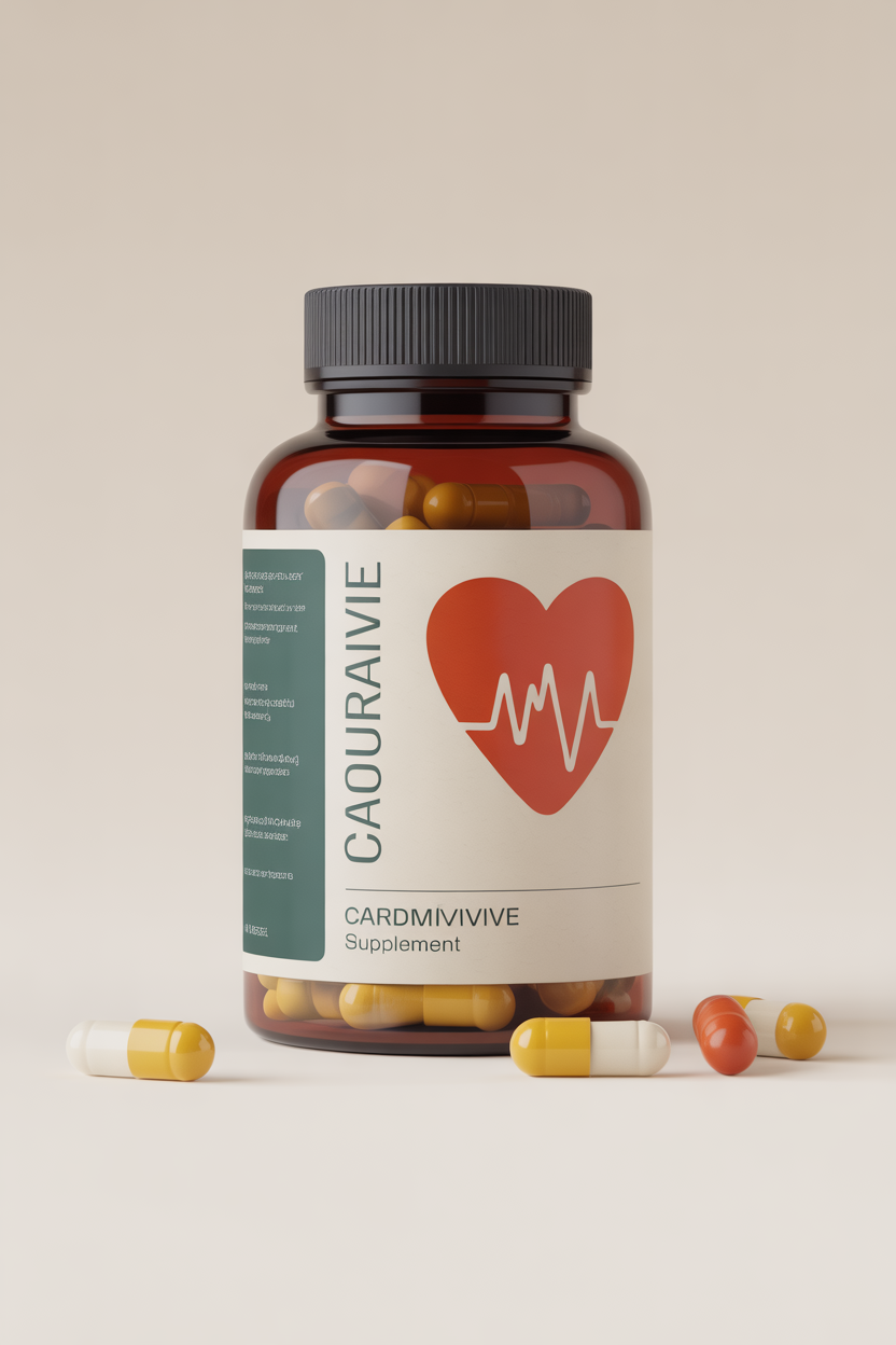 NaturaCardiovive supplement bottle with capsule illustration on a neutral studio background